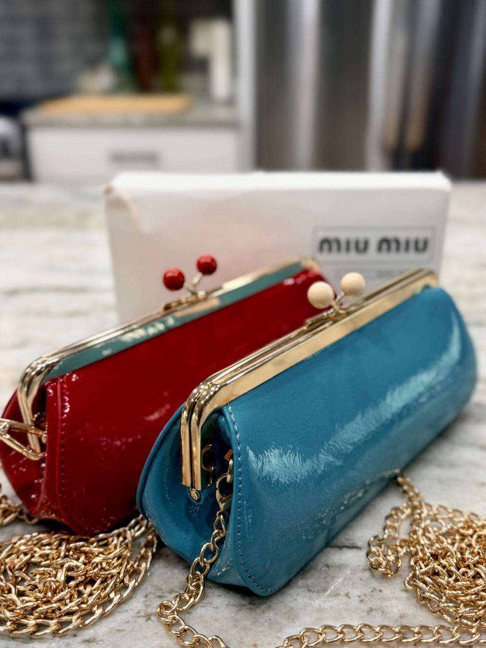 2 GWP New Miu Miu Bundled Red & Turquoise Coated Cloth Kiss Lock Clutch